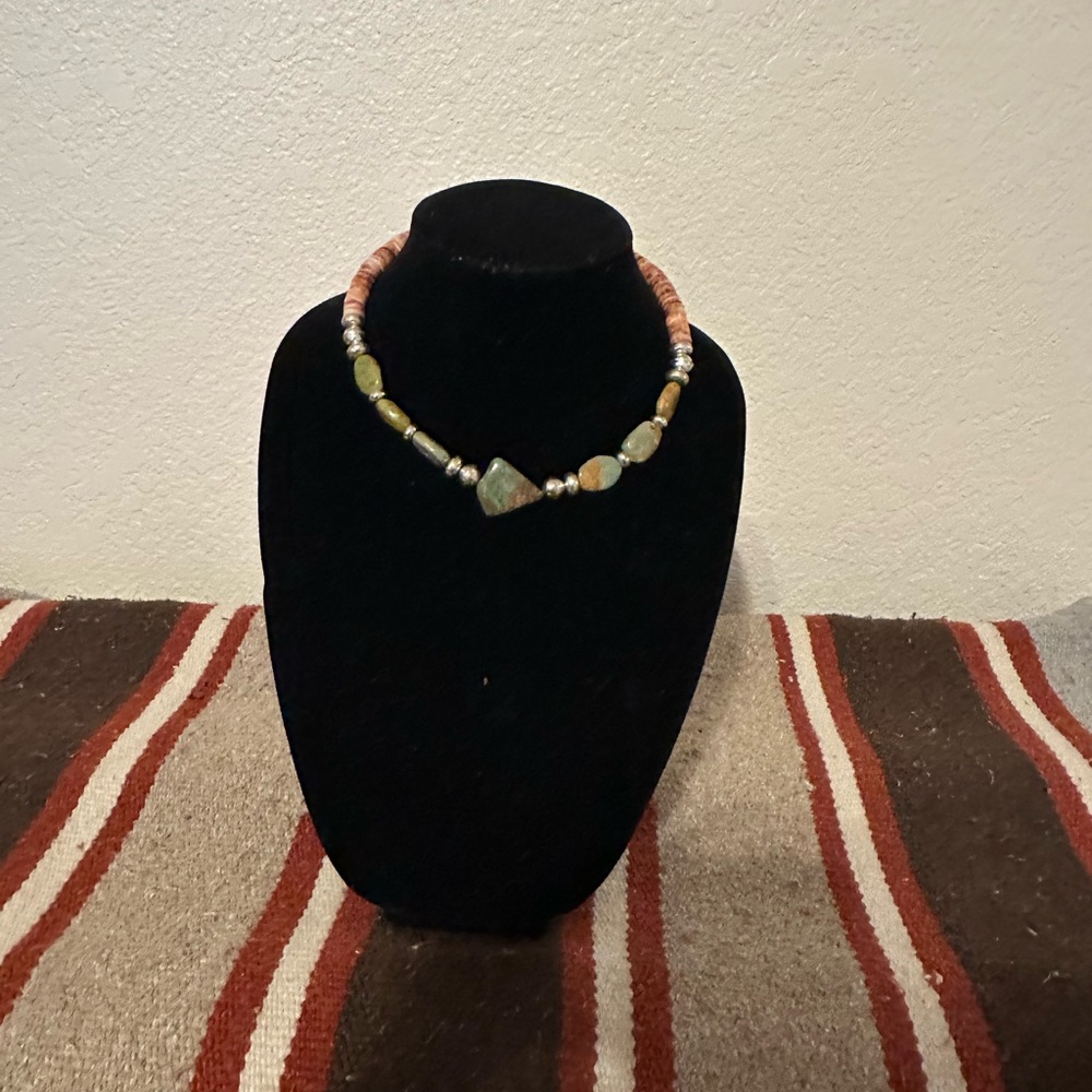 Hand Crafted Spiny Oyster, Turquoise & Sterling Silver Beaded Necklace